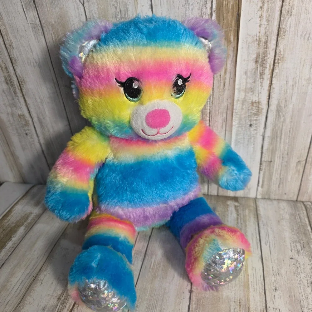 Build-A-Bear Workshop Rainbow Striped Teddy Bear Glitter Eyes Holographic 16in